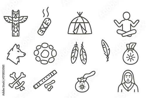 Indigenous Spiritual Icons. Line style icons of indigenous spiritual rites: totem pole, smoke cleansing stick, vision quest tent,