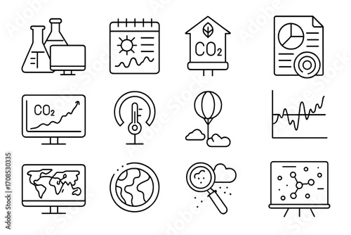 Climate Research Icons. Line style icons of atmospheric and climate research: climate lab symbol, long-term weather data icon,