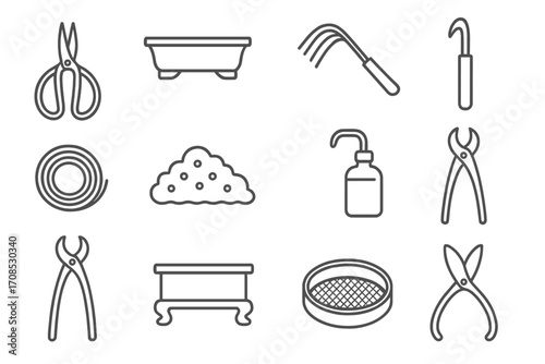 Bonsai Gardening Tools Icons. Line style icons of bonsai gardening: bonsai pruning scissors, shallow bonsai pot, curved bonsai