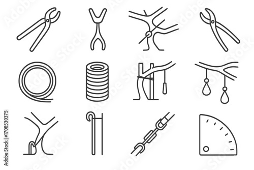 Bonsai Styling Tools. Line style icons of bonsai shaping and styling: trunk bending tool, branch spreader clip, guy wire