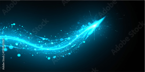 An abstract background with glowing blue lines, rays, and waves creating a motion effect of light and energy in dark space