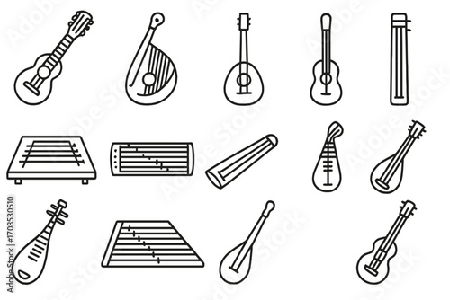 Rare Instruments Icons. Line style icons of plucked rare instruments: charango, domra, bandura, cuatro, khim, gayageum, guqin,