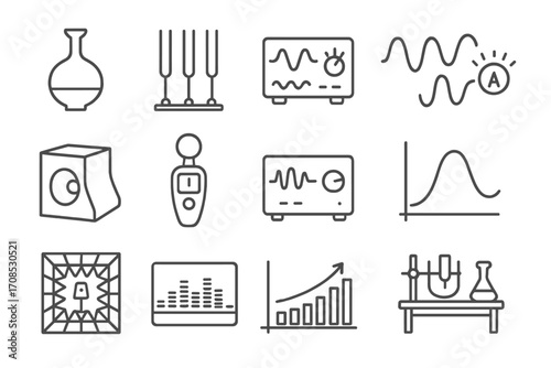 Science Sound Icons. Line style icons of science and sound: resonance chamber, tuning fork set, wave generator, pitch frequency