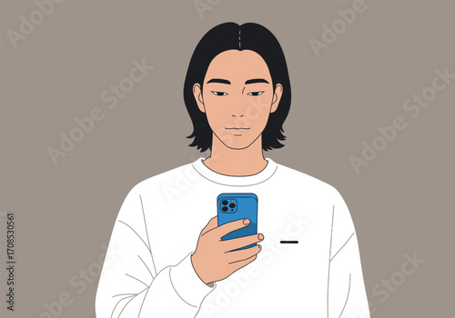 A young man with black hair is looking at his blue smartphone, wearing a white sweatshirt, showcasing modern communication and technology in a casual setting