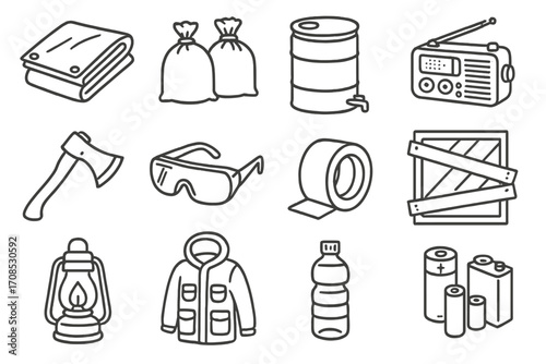 Storm Survival Gear. Line style icons of storm survival gear: heavy-duty tarp, sandbags, water drum, weather radio, axe, safety
