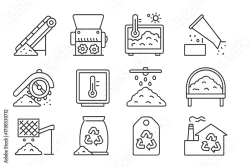Industrial Composting Icons. Line style icons of industrial composting systems: compost conveyor, shredding machine, high-heat