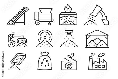 Industrial Composting Icons. Line style icons of industrial composting systems: compost conveyor, shredding machine, high-heat