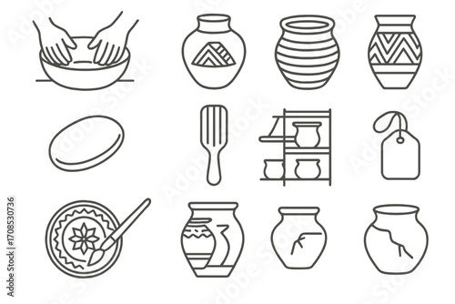 Indigenous Pottery Icons. Line style icons of indigenous pottery: clay forming bowl, etched clay jar, coil-built pot, burnishing
