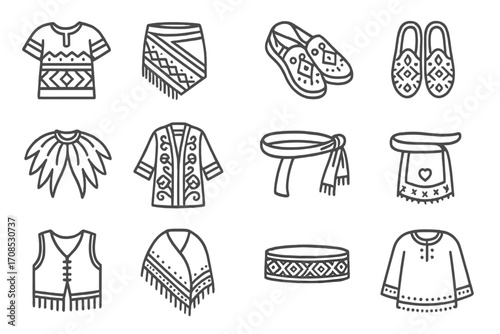 Traditional Attire Icons. Line style icons of traditional clothing: tribal tunic, woven wrap skirt, decorated moccasins, feathered