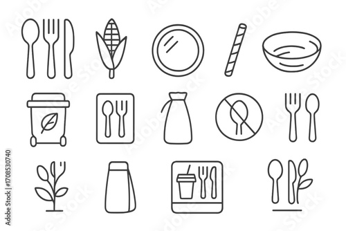 Eco-Friendly Utensil Icons. Line style icons of biodegradable utensils for composting: compostable spoon, fork and knife set,