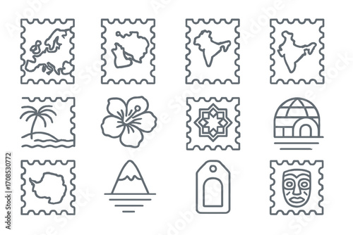 Global Stamp Icons. Line style icons of regional stamp issues: Europe stamp group, Asia stamp issue, Africa stamp map, Americas