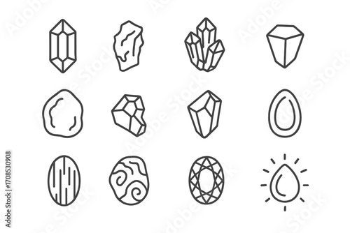 Rare Gemstone Icons. Line style icons of rare gemstone categories: phenakite icon, moldavite shard, clinohumite cluster,