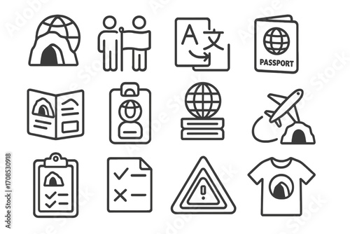 Global Cave Exploration Icons. Line style icons of global cave exploration: cave icon with globe, international team flag,
