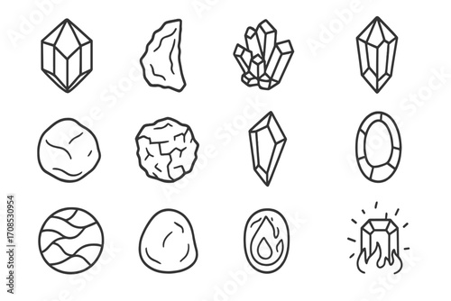 Rare Gemstone Icons. Line style icons of rare gemstone categories: phenakite icon, moldavite shard, clinohumite cluster,
