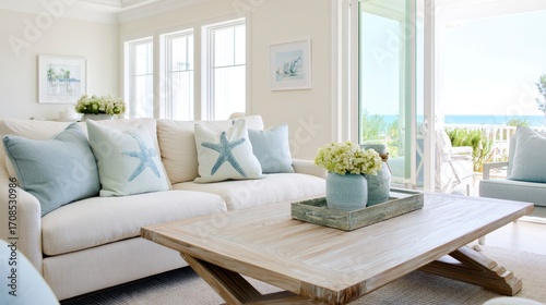 Bright and Airy Coastal Living Room with Elegant Beach-Inspired Decor and Scenic Ocean View