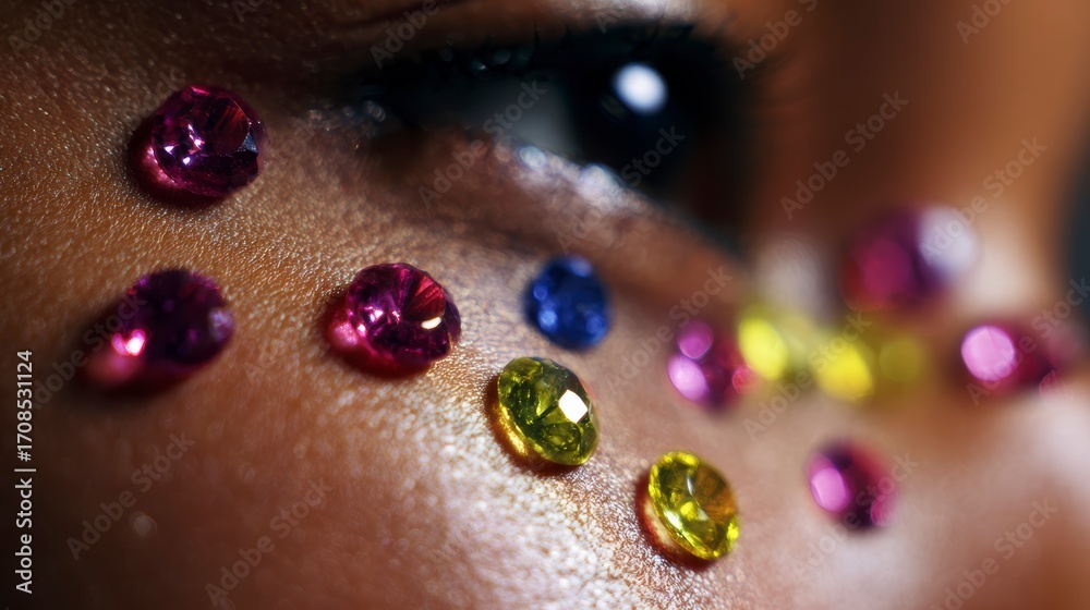 Fototapeta premium Close-Up of a Decorated Face Featuring Colorful Gems Highlighting Skin Texture and Enhancing Beauty in an Artistic Makeup Style