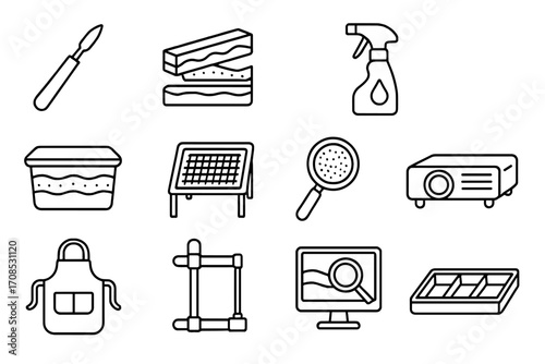 Sand Artist Tools Icons. Line style icons of professional sand artist set: aluminum carving tool, layered ruler, misting sprayer,