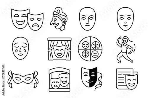 Theatrical Mask Icons. Line style icons of theatrical and performance masks: drama comedy mask, tragedy mask, shadow puppet mask,