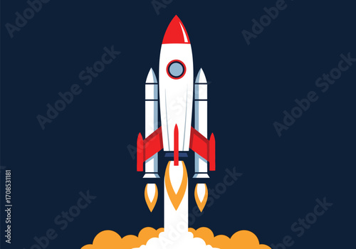 White and red rocket launching into dark blue space