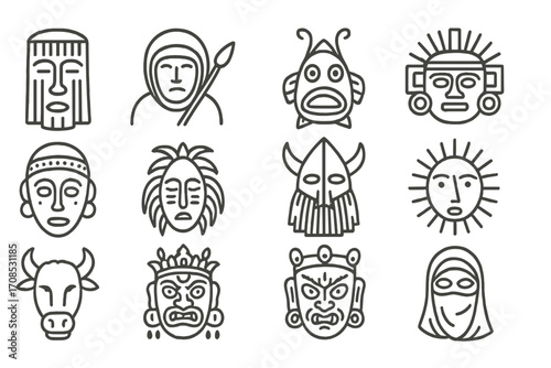 Global Ritual Masks Icons. Line style icons of masked rituals across continents: African Egungun mask, Arctic seal hunter mask,