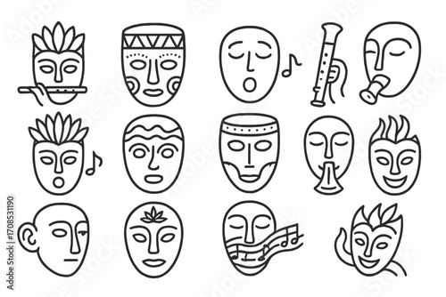 Musical Mask Icons. Line style icons of masks with musical integration: flute player mask, drum pattern mask, singing mask, wind