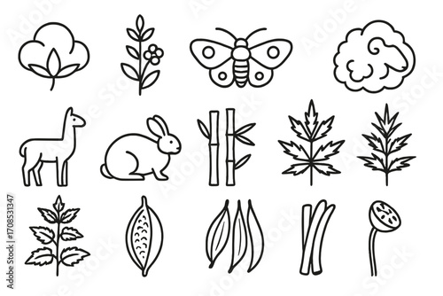 Fiber Source Icons. Line style icons of fiber source materials: cotton boll, flax stalk, silk moth, wool fleece, alpaca, angora