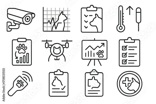 Animal Monitoring Icons. Line style icons of animal monitoring systems: observation camera, vitals chart, daily condition log,