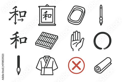 Japanese Calligraphy Icons. Line style icons of Japanese calligraphy (Shodo): kanji stroke sequence, hanging scroll with kanji,