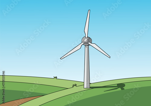 Wind turbine generating clean energy on a rolling green hillside