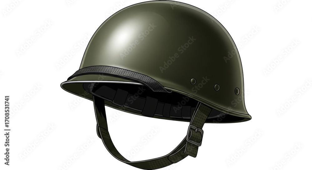 Naklejka premium Olive green military helmet with chin strap isolated on a transparent background protective