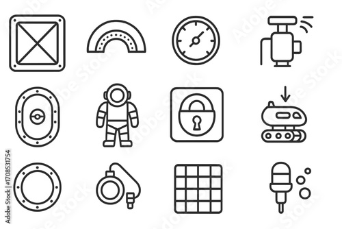 Ocean Pressure Icons. Line style icons of ocean pressure protection: reinforced window glass, titanium shell layer, pressure