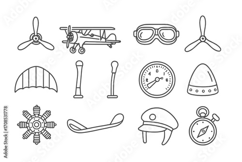 Vintage Aviation Icons. Line style icons of vintage aviation: biplane propeller, open cockpit plane, pilot goggles, vintage