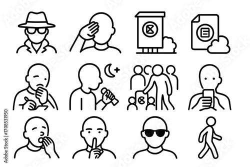 Stealth Caching Icons. Line style icons of stealth caching tactics: inconspicuous outfit, avoiding attention icon, hidden in plain