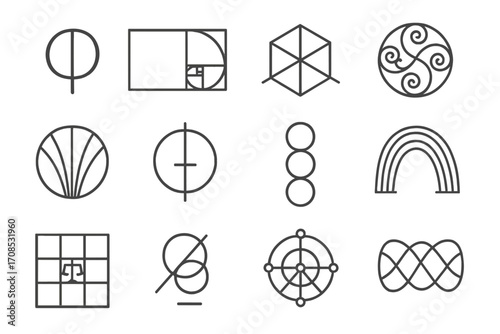 Sacred Geometry Icons. Line style icons of sacred proportions and symbols: phi symbol, golden rectangle, sacred cube, spiritual