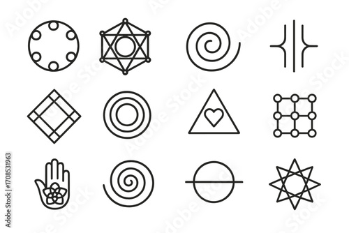 Healing Geometry Icons. Line style icons of healing geometry motifs: chakra ring, Reiki grid icon, aura spiral path, soul