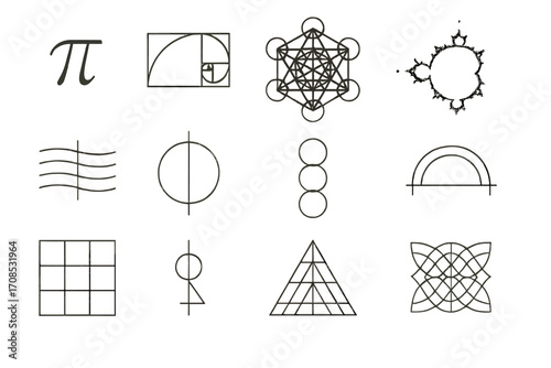 Sacred Geometry Icons. Line style icons of sacred proportions and symbols: phi symbol, golden rectangle, sacred cube, spiritual