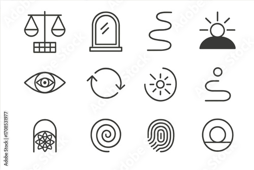 Sacred Symbol Icons. Line style icons of sacred visual metaphors: balance scale grid, mirror reflection arc, path of unity,