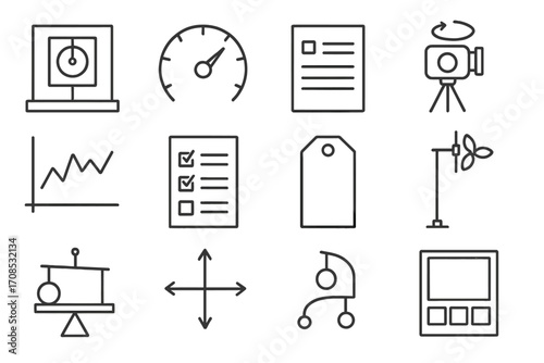 Kinetic Art Blueprint Icons. Line style icons of kinetic art documentation: build diagram, rotation speed note, artist log sheet,
