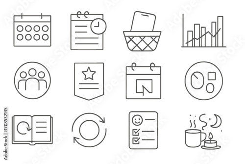 Digital Detox Icons. Line style icons of digital detox programs: 7-day detox chart, retreat schedule icon, phone surrender basket,