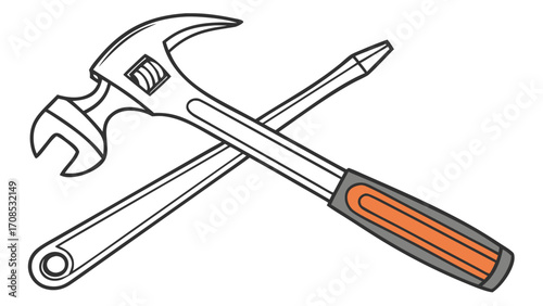 crossed adjustable wrench and screwdriver tools logo for mechanic repair service and maintenance business illustration design  isolated on white background.