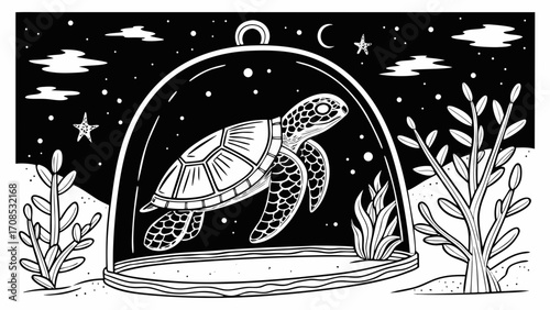 mystical sea turtle terrarium with underwater plants stars and moon for magical marine life art illustration design 
