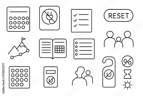 DIY Detox Icons. Line style icons of DIY detox resources: printable habit card, unplug sign template, detox rule list, reset