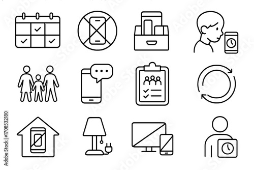 Family Digital Boundaries. Line style icons of family digital boundaries: shared schedule chart, meal time no-phone icon, device