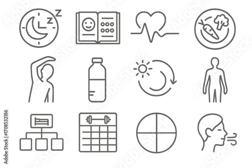 Wellness Icons Set. Line style icons of wellness during detox: sleep schedule icon, journal mood tracker, heart rate calming graph