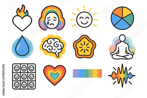 Emotion-Color Synesthesia Icons. Line style icons of emotion-color synesthesia: heart with rainbow flame, crying face with color