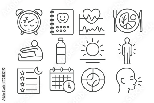 Wellness Icons Set. Line style icons of wellness during detox: sleep schedule icon, journal mood tracker, heart rate calming graph