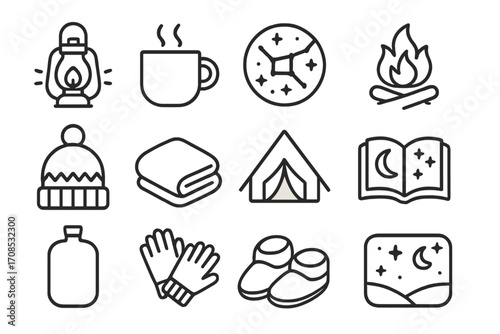 Cozy Glamping Icons. Line style icons of cozy nighttime glamping: lantern glow, hot cocoa mug, star chart icon, campfire flames,
