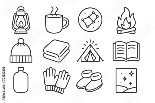 Cozy Glamping Icons. Line style icons of cozy nighttime glamping: lantern glow, hot cocoa mug, star chart icon, campfire flames,