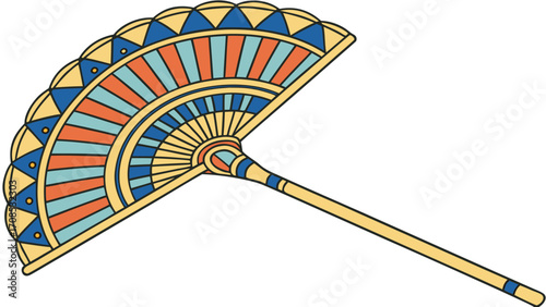 vintage decorative hand fan with colorful geometric patterns and ornate design for traditional cultural art and home decor isolated on white background.
