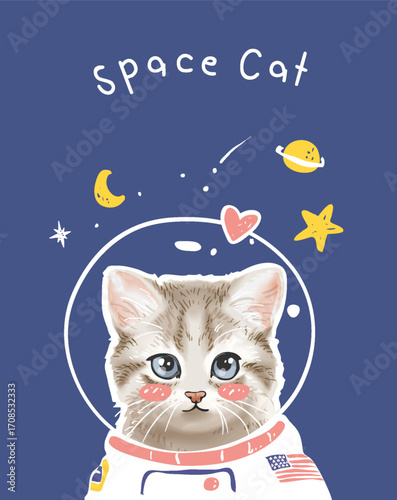 cute kitten in cartoon astronaut suit vector illustration - created by hand drawn 